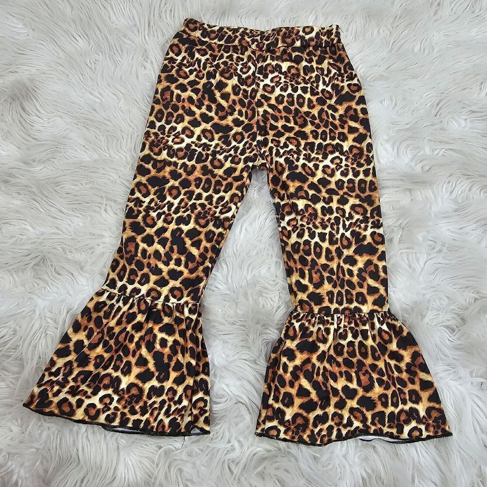 Girls Size 120 (4/5) Leopard Print Cheetah Print Bell Bottom Ruffle Tan Black